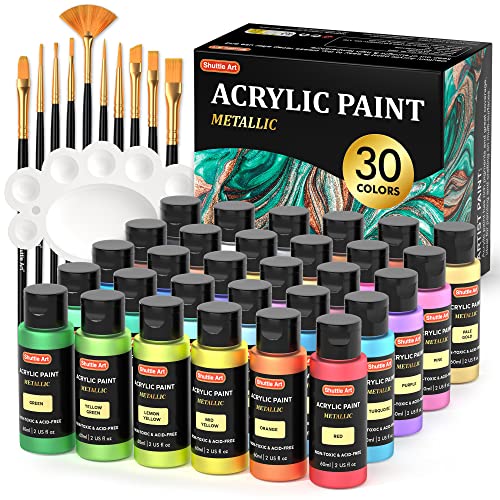 Shuttle Art 30 Colors Metallic Acrylic Paint, Metallic Acrylic Paint with 10 Brushes and 1 Palette, 60ml/2oz, Rich Pigments, Non-Toxic Art Paint for Artists, Beginners on Rocks Canvas Wood Fabric