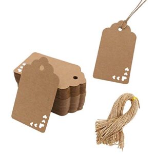 koogel 100 pcs gift heart tags,kraft paper tags with natural jute twine blank hang tags for gift bags price tags name tags for wedding holiday valentine’s day baby shower