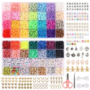 quefe 10500pcs, 42 colors clay beads for bracelet making with letter smiley face peace beads different charms pendants, polymer heishi beads kit with elastic strings for diy craft jewelry
