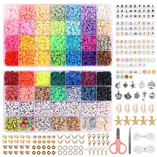 QUEFE 10500pcs, 42 Colors Clay Beads for Bracelet Making with Letter Smiley Face Peace Beads Different Charms Pendants, Polymer Heishi Beads Kit with Elastic Strings for DIY Craft Jewelry