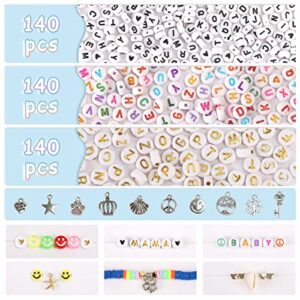 QUEFE 10500pcs, 42 Colors Clay Beads for Bracelet Making with Letter Smiley Face Peace Beads Different Charms Pendants, Polymer Heishi Beads Kit with Elastic Strings for DIY Craft Jewelry