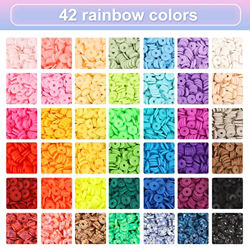 QUEFE 10500pcs, 42 Colors Clay Beads for Bracelet Making with Letter Smiley Face Peace Beads Different Charms Pendants, Polymer Heishi Beads Kit with Elastic Strings for DIY Craft Jewelry