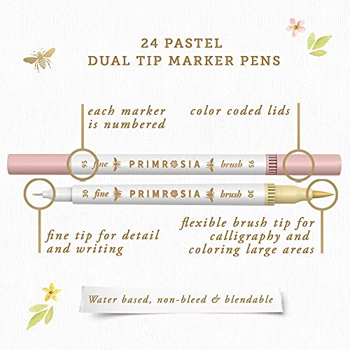 Primrosia 24 Pastel Dual Tip Markers, Fine Tip and Brush. Perfect for art, illustration, drawing, calligraphy and bullet journals