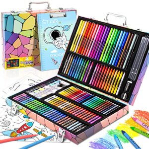 art supplies, popyola 180-piece deluxe art set, drawing painting coloring kit with clipboard, pastels, crayons, pencils, watercolors, drawing papers, arts and crafts gift case for kids girls boys
