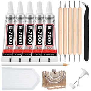 B7000 Glue Clear with Precision Tips, 5 PCS Jewelry Bead B-7000 Glue for Diamond Jewelry Rhinestone Applicator Tools Set Fabric Glue Strength Adhesive for Nail Art DIY Crafts Clothes Shoes Bags