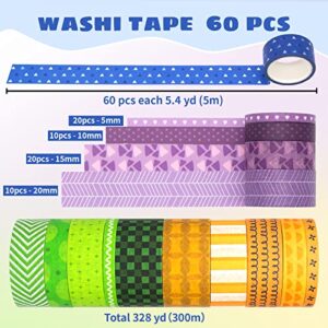 KOVANO 60 Rolls Washi Tape Set - Decorative Adhesive Masking Tape for Scrapbooking Supplies, DIY Crafts, Bullet Journals, Gift Wrapping, Party Decorations and Planners, Each Roll 5.4yd Total 328yd