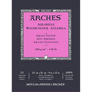 arches watercolor paper 140 lb. hot press 12 sheet pad 9×12″