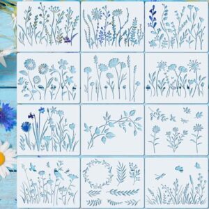 20 pieces wildflower stencils for painting template flower stencils wall stencils reusable spring stencils pet diy drawing templates stencils for painting on wood wall home decor (rectangular style)