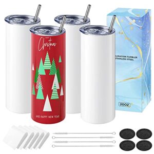hiipoo sublimation tumblers bulk 20 oz skinny, stainless steel double wall insulated straight tumbler cups blank white with 4 lids, 4 straws and brushes,5 shrink wrap films(4 pack )