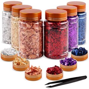 6 boxes gilding flakes, gold foil flakes for resin, gold leaf gilding flakes metallic foil flakes with tweezers for painting arts and resin crafts, nail art (gold, silver, copper, red, blue, purple)