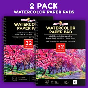 Watercolor Paper Water Color Paper White, 2 Pack (64 Sheets) - Water Color Paper Sketch Book - Watercolor Paper Pad, Watercolor Pad, Watercolor Paper Sketchbook - Large Water Color Paper for Artists