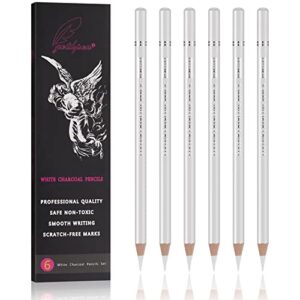 gethpen professional white charcoal pencils set – 6 pieces sketch highlight white pencils for drawing, sketching, shading, blending, white chalk pencils for beginners & artists