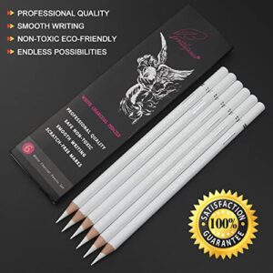 GETHPEN Professional White Charcoal Pencils Set - 6 Pieces Sketch Highlight White Pencils for Drawing, Sketching, Shading, Blending, White Chalk Pencils for Beginners & Artists