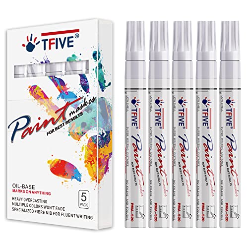 White Paint Marker Paint Pens - 5 Pack Oil Based Permanent Marker Pen, Medium Tip, Waterproof & Quick Dry, for Office, Art projects, Rock Painting, Ceramic, Glass, Wood, Plastic, Metal, Canvas