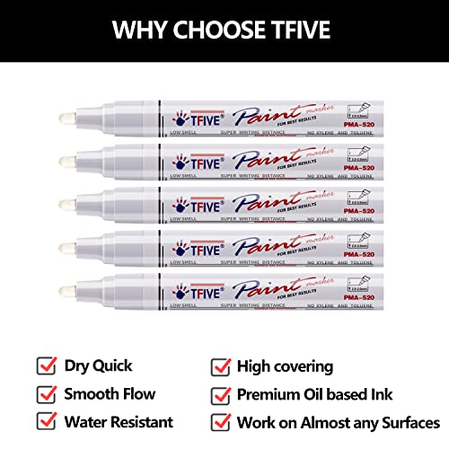 White Paint Marker Paint Pens - 5 Pack Oil Based Permanent Marker Pen, Medium Tip, Waterproof & Quick Dry, for Office, Art projects, Rock Painting, Ceramic, Glass, Wood, Plastic, Metal, Canvas