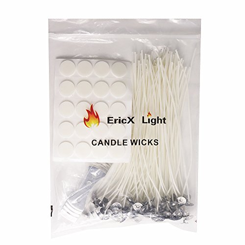 EricX Light 8 inch Candle Wick with Candle Wick Stickers and Candle Wick Centering Device,60 pcs for Candle Making