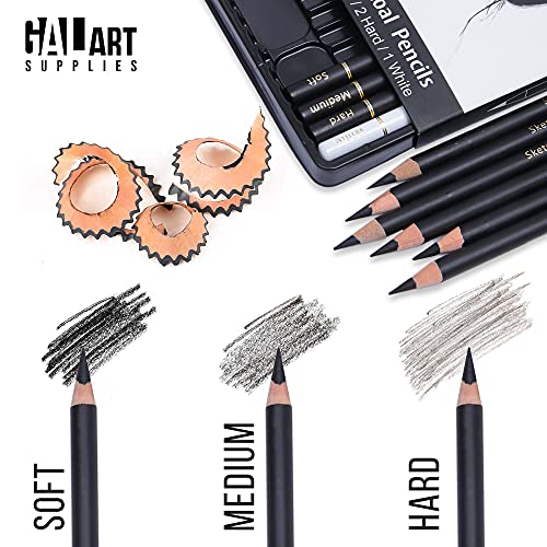 Galart Supplies Charcoal Drawing Set – 12 Pieces Pre-Sharped Soft, Medium, Hard and White Charcoal Pencils for Drawing with Organizer Tray, Shading and Sketching for Artists and Beginners