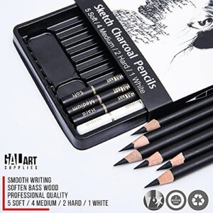 Galart Supplies Charcoal Drawing Set – 12 Pieces Pre-Sharped Soft, Medium, Hard and White Charcoal Pencils for Drawing with Organizer Tray, Shading and Sketching for Artists and Beginners