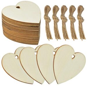 obmwang 50 Pieces 3" Natural Heart Wood Slices, DIY Wooden Ornaments Unfinished Predrilled Wooden Heart Embellishments with Natural Twine for Valentine's Day, Wedding, Thanksgiving, Christmas