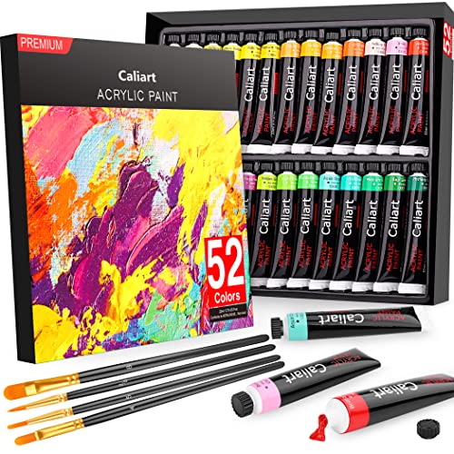 Caliart Acrylic Paint Set with 4 Brushes, 52 Vivid Colors (22 ml/0.74 oz) Art Craft Paints for Artists Kids Students Beginners, Halloween Decorations Canvas Ceramic Rock Painting Supplies Kits