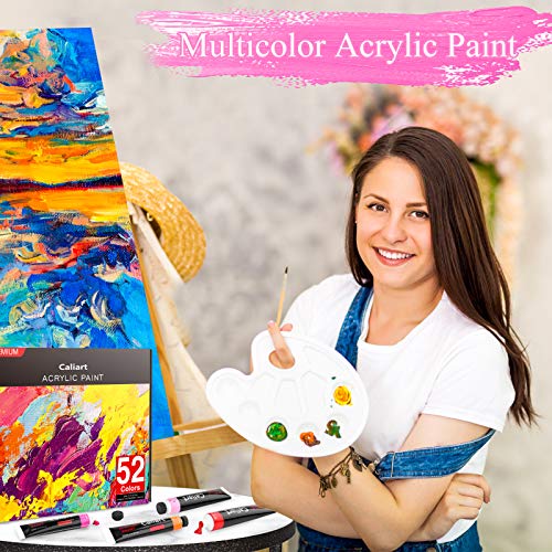 Caliart Acrylic Paint Set with 4 Brushes, 52 Vivid Colors (22 ml/0.74 oz) Art Craft Paints for Artists Kids Students Beginners, Halloween Decorations Canvas Ceramic Rock Painting Supplies Kits
