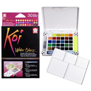 sakura koi pocket field sketch kit – watercolor sets for painting on the go – 30 colors – 1 water brush – 1 sponge – 1 mixing palette