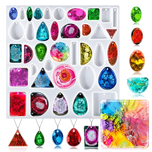 BABORUI Resin Molds Jewelry, 38 Cavities Pendant Silicone Molds for Epoxy Resin with 40Pcs Jump Rings, DIY Jewelry Resin Casting Molds for Pendant, Earrings, Necklace, Keychains