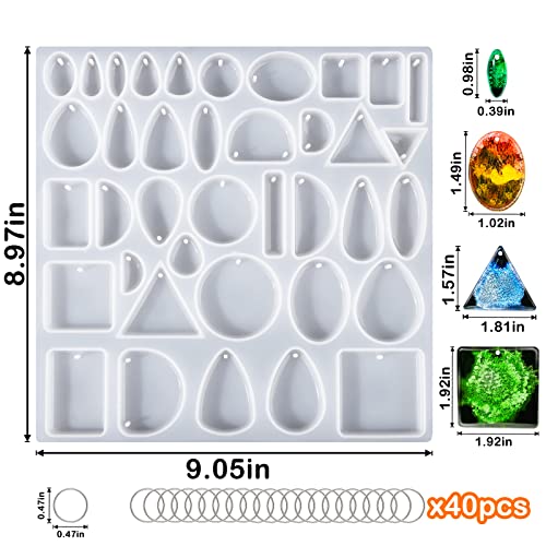 BABORUI Resin Molds Jewelry, 38 Cavities Pendant Silicone Molds for Epoxy Resin with 40Pcs Jump Rings, DIY Jewelry Resin Casting Molds for Pendant, Earrings, Necklace, Keychains