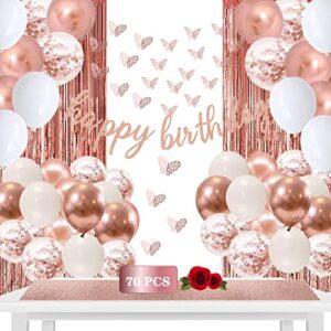 rose gold birthday party decorations, happy birthday banner, rose gold fringe curtain, rose gold sequin table runner, 3d butterfly wall decal, rose gold balloons for women girls birthday party