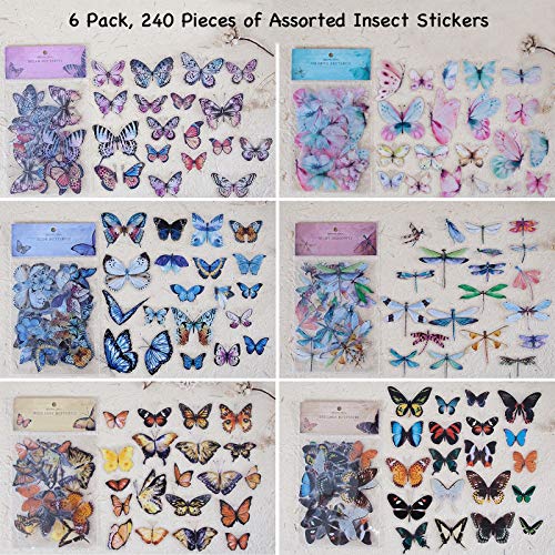 Knaid Butterfly Dragonfly Insects Stickers Set (240 Pieces) - PET Transparent Waterproof Decorative Decals for Scrapbook DIY Crafts Album Bullet Journal Planner Water Bottles Phone Cases Laptops