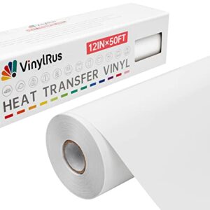 vinylrus heat transfer vinyl-12” x 50ft white iron on vinyl roll for shirts, htv vinyl for silhouette cameo, cricut, easy to cut & weed