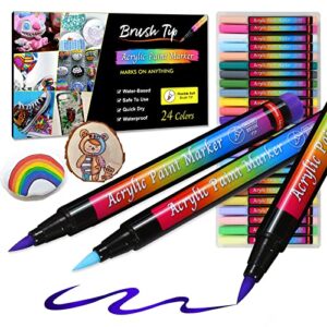 24 colors acrylic paint pens soft brush tip ,calligraphy art markers for beginners writing ,paint markers pens for rock painting, stone, ceramic, glass, wood, canvas, metal, diy art crafting
