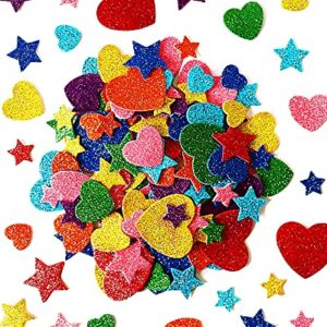 450 Pieces Colorful Glitter Foam Stickers Self Adhesive Stars Mini Heart Shapes Glitter Stickers, Kid's Arts Craft Supplies Greeting Cards Stars Shapes Foam Stickers