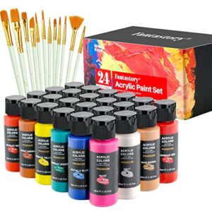 fantastory acrylic paint set, 24 classic colors with 12 brushes (2oz/60ml), professional craft paint, art supplies kit for adults & kids, canvas/fabric/rock/glass/stone/ceramic/model/wood painting