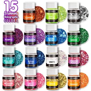 Holographic Chunky Glitter, 15 Colors Craft Glitter for Resin, with 5PCS Mixing Spoon, LEOBRO Cosmetic Glitter for Nail Body Eye Face, Resin Glitter Flakes Sequins for Tumbler Jewelry Crafts Making