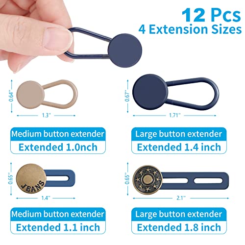 12PCS Pants Button Extender, Waist Button Extenders for Jeans, Waist Extenders for Pants for Women Men, No Sewing Instant Waistband Extension 1-1.8 Inches