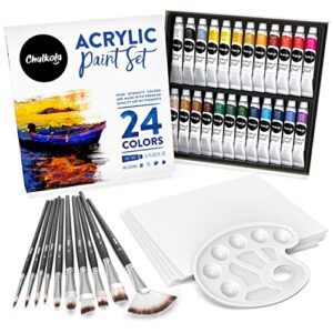 chalkola acrylic paint set for adults, kids & artists – 40 piece acrylic painting supplies kit, with 24 acrylic paints (22ml), 10 painting brushes, 5 canvas for acrylic painting (8×10) & 1 palette