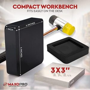 MaxoPro 3” Steel Bench Block Flat Anvil Jewelers Tool with 4” Tough Rubber Block – Heat-Treated Scratch-Resistant Solid Metal Bench Block - Jewelry Repairing, Metal Stamping, Work Surface Tool