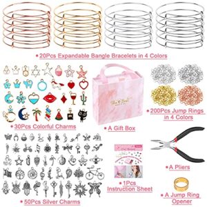 Thrilez 300Pcs Bangle Bracelets Making Kit, Charm Bracelet Making Kit with Expandable Bangles, Charms, Jump Rings and Pliers for Jewelry Making Bangle Bracelets (with Gift Box and Tools)