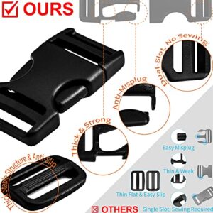 Buckles for Straps 1": Side Release Buckle Plastic Clip 10 set + Tri-Glide Slide 20 pcs Fit 1 inch Wide Nylon Webbing Canvas Strap, Heavy Duty Replacement Backpack Dog Collar, Dual Adjustable No Sew