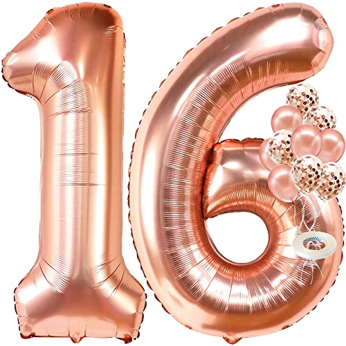 KatchOn, Sweet 16 Balloons Rose Gold - 40 Inch | Sweet 16 Birthday Decorations | Rose Gold 16 Balloon Numbers with Confetti Balloons | Sweet Sixteen Balloons | 16th Birthday Decorations for Girls