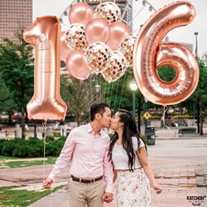 KatchOn, Sweet 16 Balloons Rose Gold - 40 Inch | Sweet 16 Birthday Decorations | Rose Gold 16 Balloon Numbers with Confetti Balloons | Sweet Sixteen Balloons | 16th Birthday Decorations for Girls