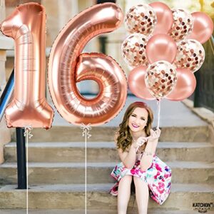 KatchOn, Sweet 16 Balloons Rose Gold - 40 Inch | Sweet 16 Birthday Decorations | Rose Gold 16 Balloon Numbers with Confetti Balloons | Sweet Sixteen Balloons | 16th Birthday Decorations for Girls