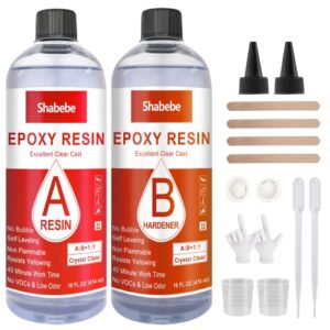 epoxy resin, upgrade formula 32oz 2x uv resistant resin, epoxy casting and coating resin kit with sticks, self leveling easy mix for art, crafts, jewelry making, river tables of art resin