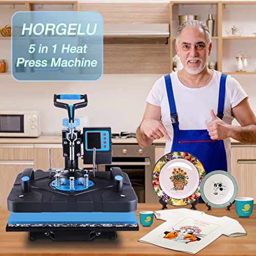 HORGELU Upgraded 5 in 1 Heat Press Machine 15 x 15 Inch Heat Transfer Machine 360-Degree Swing Away Combo Heat Press for T Shirt Mug Hat Plate Cap