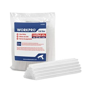 workpro full size hot glue sticks, 100-pack, 0.43×8 inches, compatible with most glue guns, multipurpose for diy art craft general repairs, home decorations and gluing projects