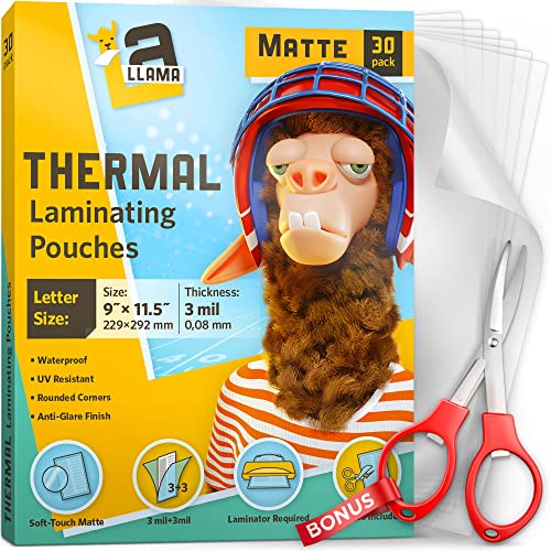 Thermal Laminating Pouches, Matte Finish, 9 x 11.5 Inches, 3 Mil Thick, 30 Pack, Suited for Letter Size Laminating Sheets 8.5 x 11