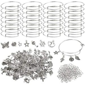 upins 30pcs silver expandable blank bracelets adjustable wire bangles with 100pcs tibetan silver charms, 200pcs open jump rings for jewelry making (silver)