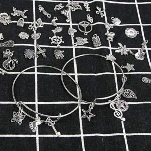 UPINS 30Pcs Silver Expandable Blank Bracelets Adjustable Wire Bangles with 100Pcs Tibetan Silver Charms, 200Pcs Open Jump Rings for Jewelry Making (Silver)