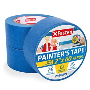 xfasten professional blue painters tape 2-inches x 60 yards (3-pack) blue painters masking tape bulk – sharp edge line technology, produces sharp lines | residue-free and artisan grade wall trim tape